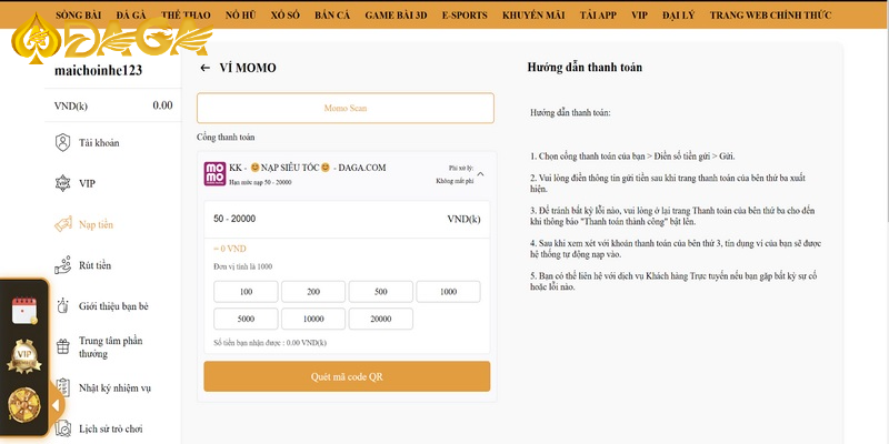 Hình thức nạp tiền DAGA qua ví điện tử