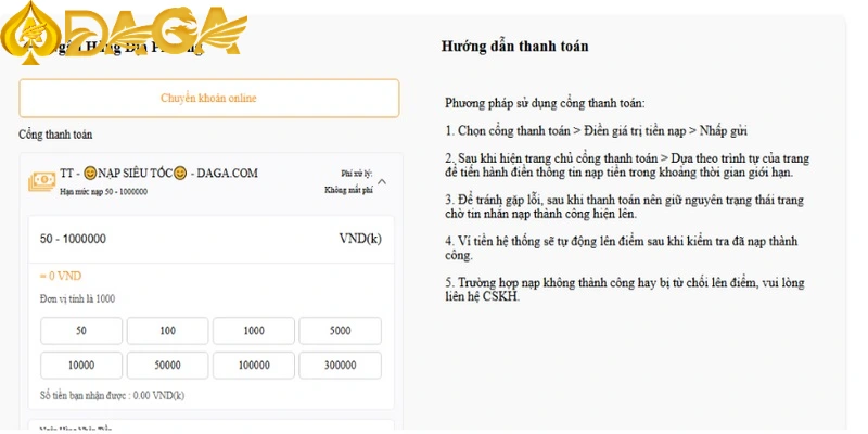 Làm theo hướng dẫn nạp tiền qua ngân hàng tại DAGA chỉ với vài bước đơn giản